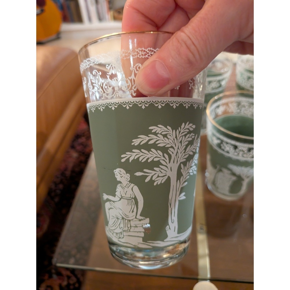 Lot Vintage Jeannette Hellenic Green Glasses Wedgwood Jasperware Style 6 sm 6 lg - Picture 11 of 13